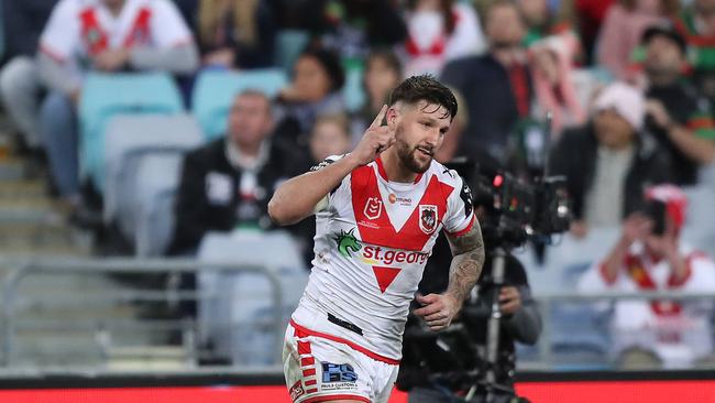 St George's Gareth Widdop celebrates his penalty kick to put the Dragons in the lead during the South Sydney v St George NRL match at ANZ Stadium, Homebush. Picture: Brett Costello