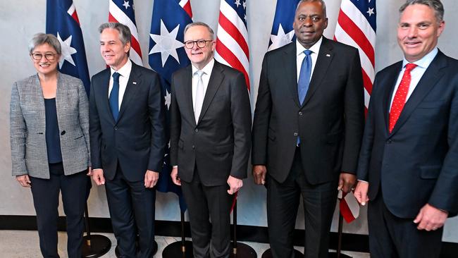 Foreign Minister Penny Wong, US Secretary of State Antony Blinken, Anthony Albanese, US Secretary of Defence Lloyd Austin and Defence Minister Richard Marles in Brisbane on Friday. Picture: NCA NewsWIRE / John Gass