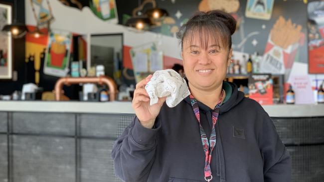 Burger Urge fan Irene Brown gets lunch at the new Burger Urge in Andergrove on July 11, 2022. Picture: Duncan Evans