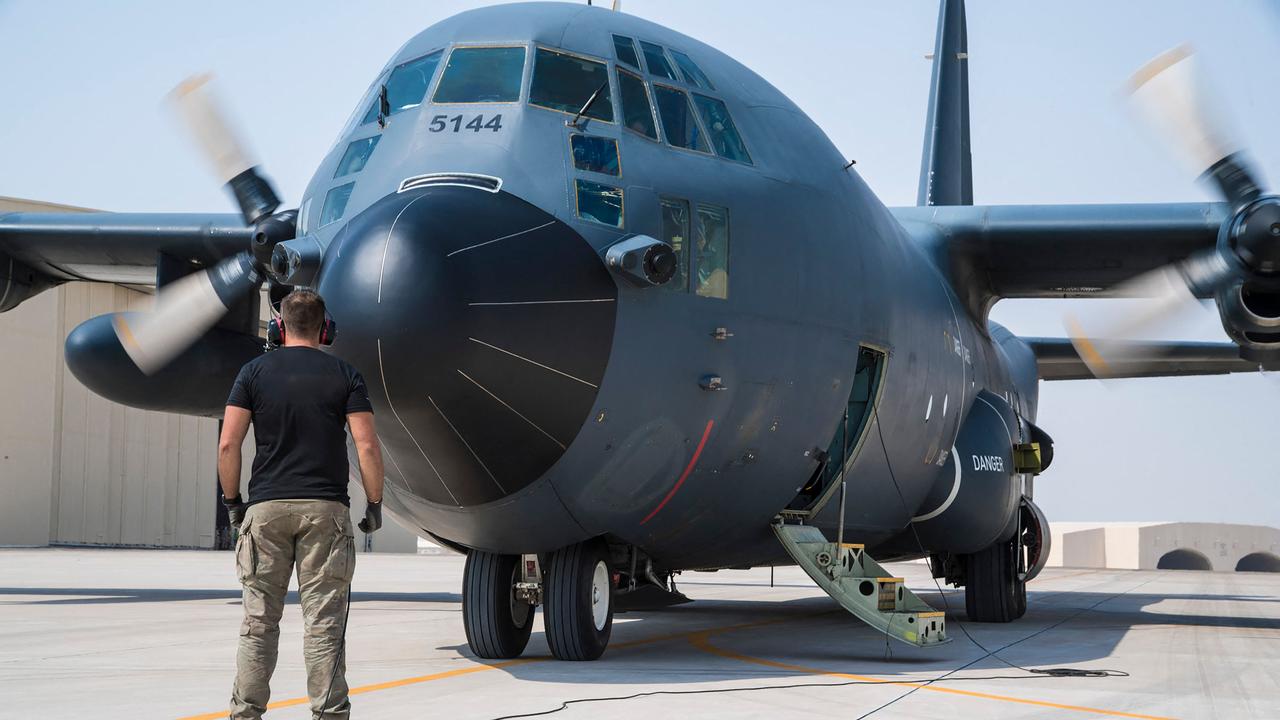 A French military C130 aircraft landing at the French air base of Al Dhafra, in the UAE as part of operation Apagan. Picture: AFP