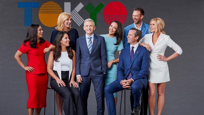 Seven Olympic Games Tokyo 2020 team. L – R:, Abbey Way, Mel McLaughlin, Johanna Griggs, Bruce McAvaney, Sonia Kruger, Hamish McLachlan, Trent Copeland, Lisa Sthalekar. Supplied