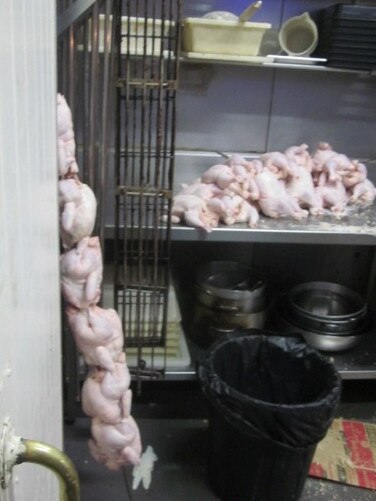 A photo of chickens being stored against a door.