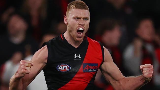 MELBOURNE, AUSTRALIA - July 29, 2023. AFL .        Peter Wright of the Bombers celebrates a 4th quarter goal during the round 20 match between Essendon and Sydney at Marvel Stadium on July 29, 2023, in Melbourne, Australia. Photo by Michael Klein.