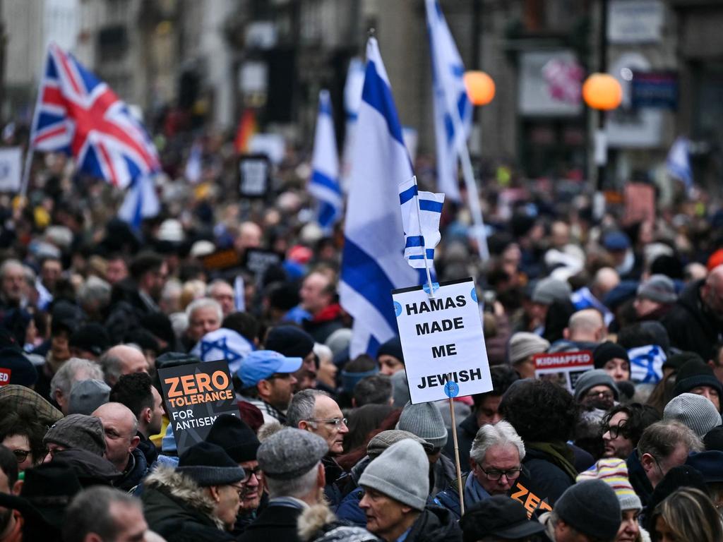 Protesters holding placards take part in a demonstration in central London, on November 26, 2023, to protest against anti-Semitism. Picture: AFP