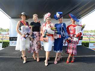 Fashions on the field - from left winner contemporary Steph Brown, runner-up contemporary Darcy Maguire, winner best headware Renee Priem, classic runner-up Kellie Mahlstedt and winner classic Rebecca Jane. Picture: Troy Jegers