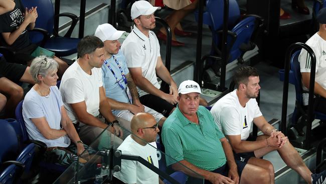 Judy Murray (Far Left) and (Front L-R) Shane Annun, Ivan Lendl and Leon Smith watch from the players box of Andy Murray