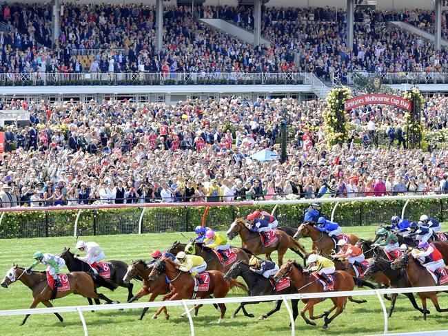 Victoria Racing Club members in the old grandstand watch the 2015 Melbourne Cup. Picture: Jason Edwards