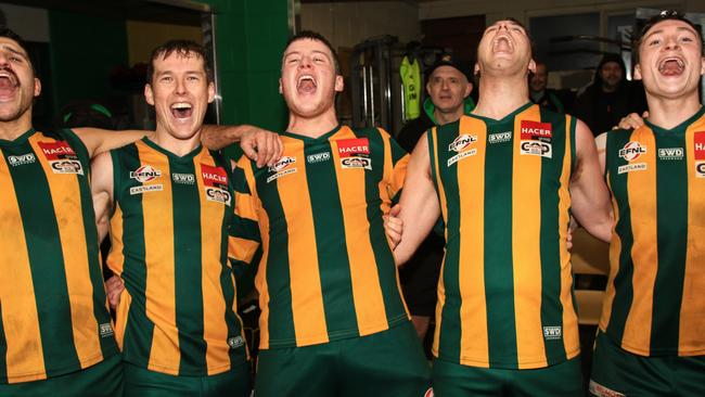 EFNL 2024: Mooroolbark sings the song after its upset win over Beaconsfield this season. Picture: Davis Harrigan