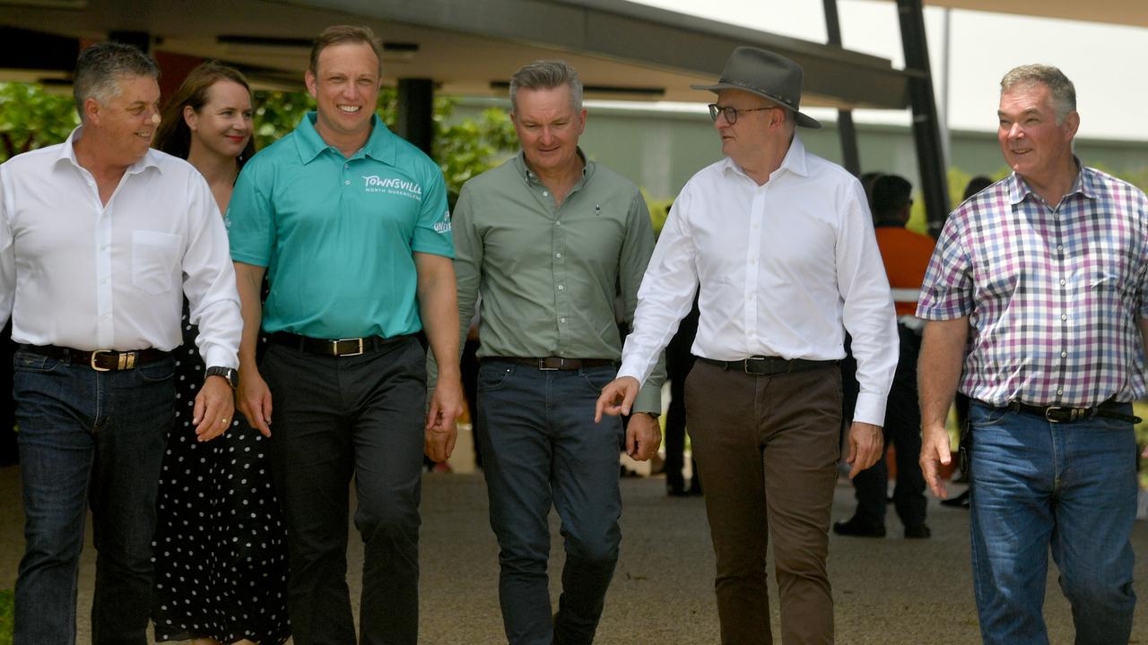 Prime Minister Anthony Albanese meets with Member for Thuringowa Aaron Harper, Senator Anita Green, Premier Steve Miles, Federal Energy Minister Chris Bowen and State Resources Minister Scott Stewart at the Townsville Quayside Terminal to announce a hydrogen hub Picture: Evan Morgan