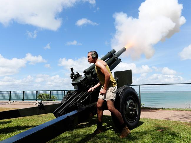 Soldiers reenact the defence of Darwin during the 77th Anniversary of the Bombing of Darwin on Tuesday, February 19, 2019. Picture: KERI MEGELUS