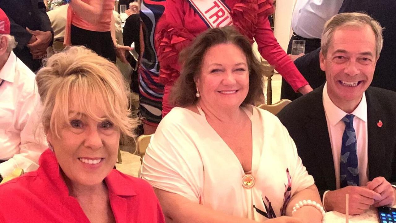 Ex-Liberal Party federal vice president Teena McQueen (left), with Gina Rinehart and leader of the UK Reform party, Nigel Farage at Mar-a Lago.