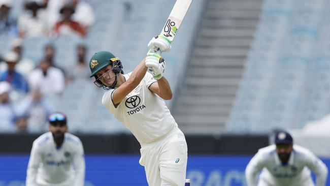 Konstas began to attack Bumrah and Mohammed Siraj down the ground after getting going with a series of reverse scoop shots behind the wicket. Picture: Michael Klein