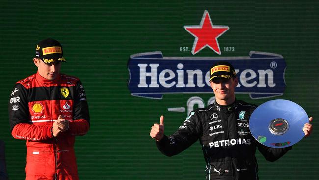 Mercedes' British driver George Russell (R) claimed a podium finish. Picture: Getty