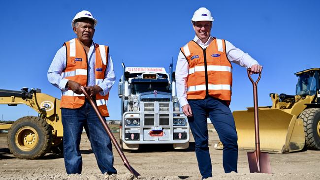 Yirendali traditional owners representative Jim Hill and former Premier Steven Miles at the groundbreaking of the CopperString project at Hughenden in July. Picture: Supplied