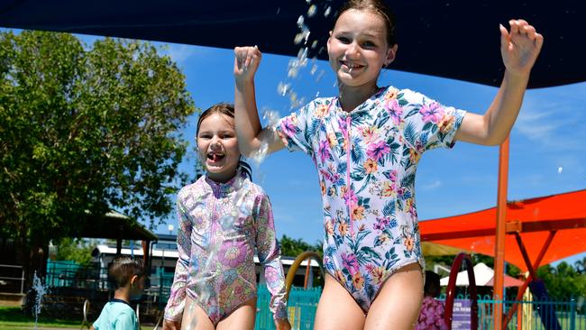 Murphy Wolthers and Isla Wolthers enjoys their school holidays at the Leanyer Recreation Water Park, Darwin. Picture: Pema Tamang Pakhrin