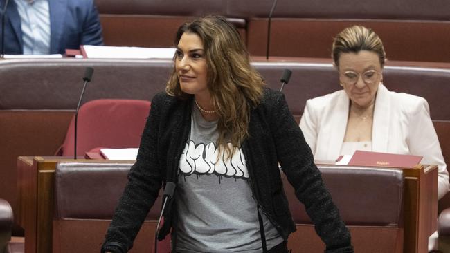 Senator Lidia Thorpe as the Constitution Alteration (Aboriginal and Torres Strait Islander Voice) 2023 is voted on in the Senate at Parliament House. Picture: NCA NewsWire / Martin Ollman