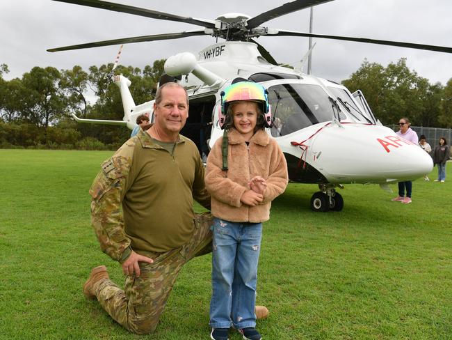 Pilot Captain Gregory Smalley from 5th Aviation with Penelope Paterson, 6. Picture: Evan Morgan