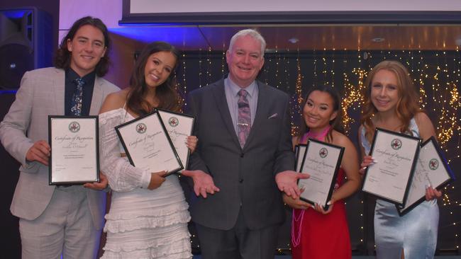 Ringwood SC's head Prefects Lachlan O’Donnell and Lucy Philp, with Deputy Head Prefects Smile Pe &amp; Emilie Young and Principal Michael Phillips at the college's valedictory night. Picture: Supplied.