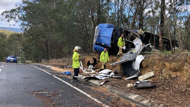 Aftermath of a crash in which a truck rolled on The Panorama and Worongary Road at Worongary. Picture: QAS.