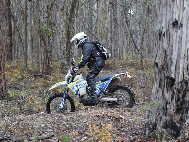 Police on motorbikes joined a search last year for the body of Samantha Murphy. Picture: David Crosling