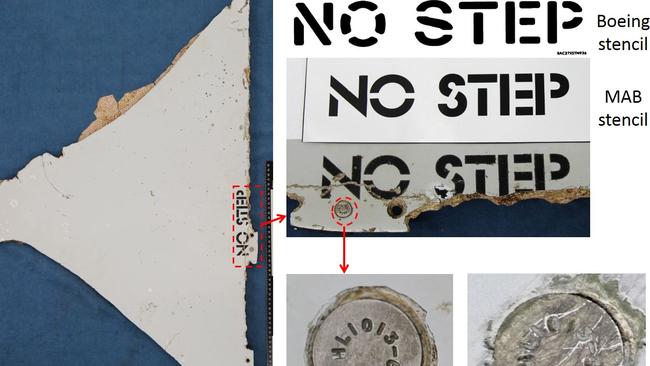 Analysis of a section of horizontal stabiliser found in Mozambique shows the words No Step were stencilled on by Malaysia Airlines. Picture: ATSB and Boeing