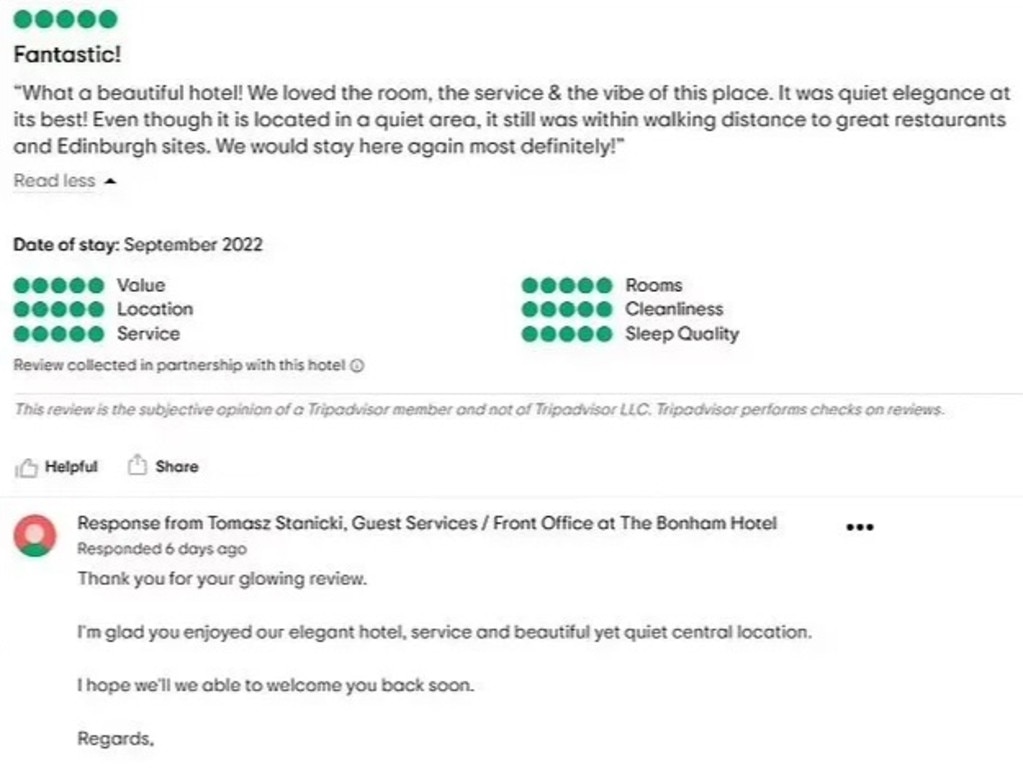 A separate review saw the hotel praised as ‘beautiful’. Picture: TripAdvisor