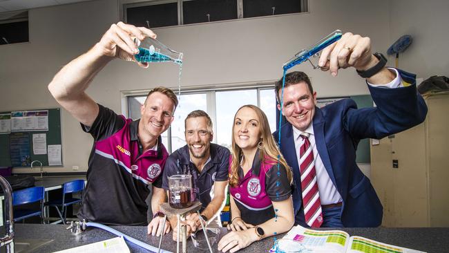 TOP TEACHERS. Marsden State High School has principal Andrew Peach (right) plus teachers (l-r) Mitchell Robertson, Thomas Patterson and Kirra Gold were all finalists in this year's Teacher of the Year awards (sponsored by The Courier-Mail). Picture: NIGEL HALLETT