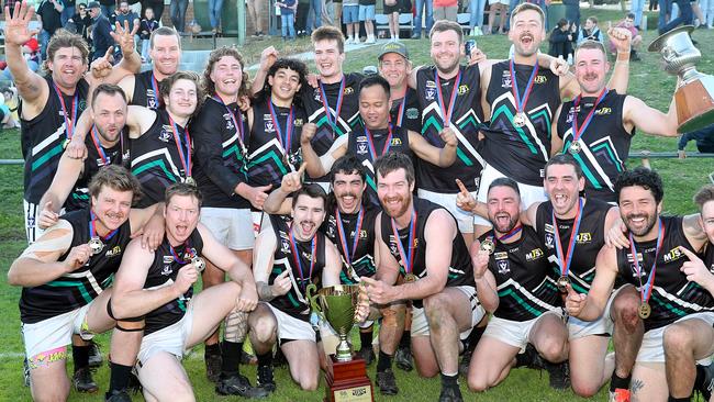 Omeo-Benambra celebrates its Omeo District premiership. Picture: Yuri Kouzmin