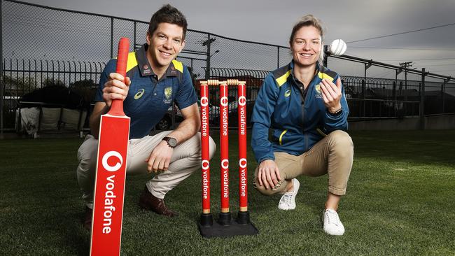 Australian Test Captain, Tim Paine and Australian Women’s Team player, Nicola Carey as Vodafone has signed up as partners with Cricket Australia. Picture: Zak Simmonds