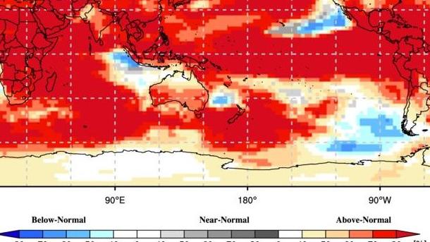 Surface air temperature are above normal across a wide area of the Pacific and Indian oceans. Picture: NOAA&gt;