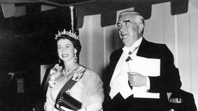 Queen Elizabeth II with Prime Minister Robert Menzies at an official function during her first visit to Australia in 1954. (National Archives of Australia.)