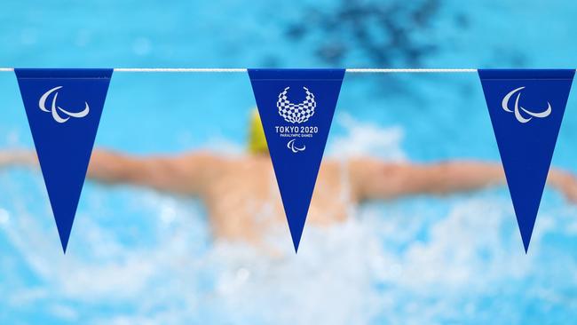 The backstroke flags in the Paralympic pool.