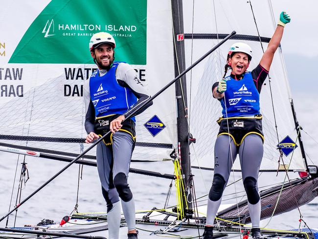 Jason Waterhouse and Lisa Darmanin win gold at the Olympic sailing test event. Pic: Jesus Renedo/World Sailing