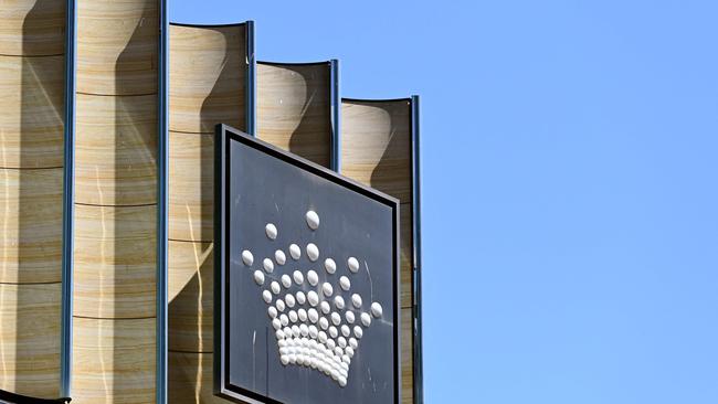 A Crown Casino logo adorns the side of the premises in Melbourne. Picture: William West/AFP