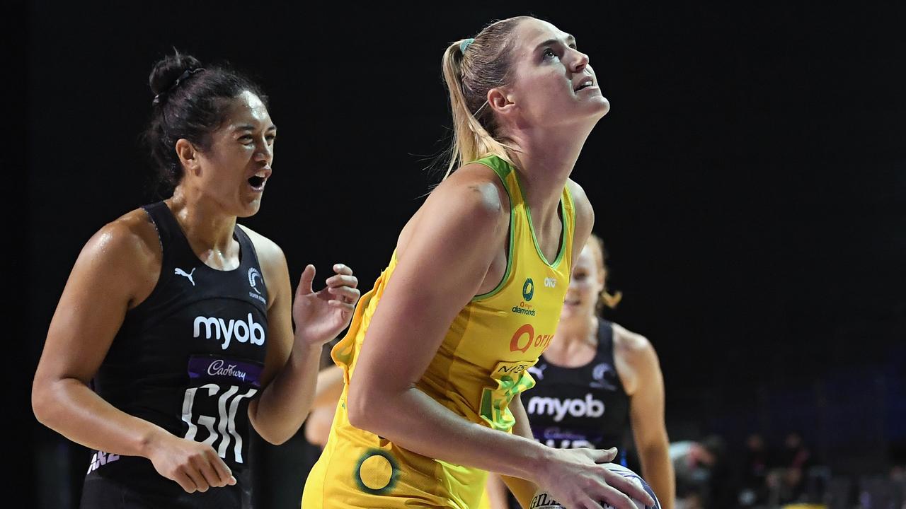 Without a Super Netball contract, Caitlin Bassett will find it difficult to force her way back into the Diamonds squad. Picture: Kai Schwoerer/Getty Images
