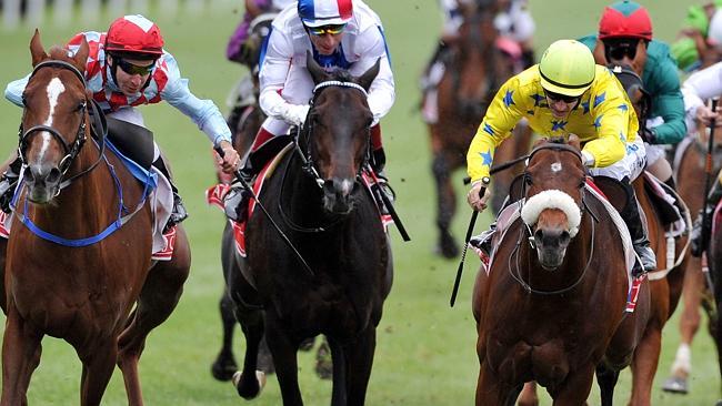 Dunaden, ridden by French jockey Christophe Lemaire (yellow), wins by the smallest margin of all time from Red Cadeaux and Michael Rodd (left). Picture: Craig Borrow 