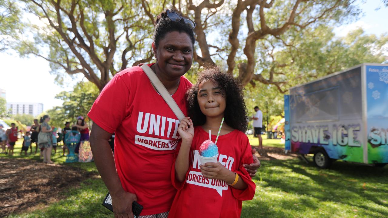 Fellie Diweula with Mia Kassman, 7, after the Darwin May Day march on Monday, May 5. Picture: Zizi Averill