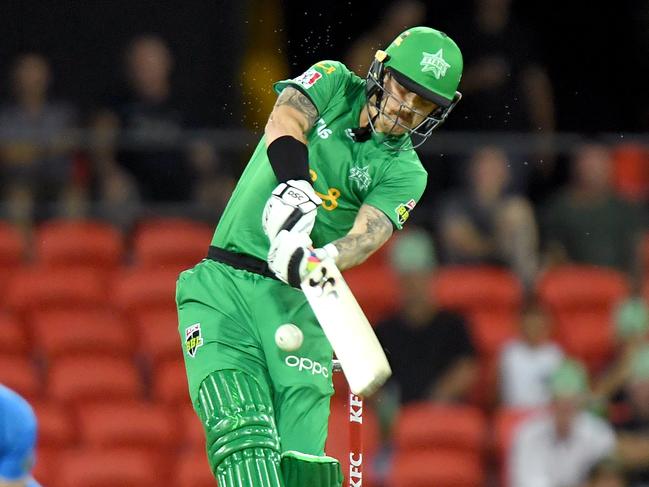 GOLD COAST, AUSTRALIA - DECEMBER 27: Nic Maddison of the Stars plays a shot during the Big Bash League match between the Melbourne Stars and the Adelaide Strikers at Metricon Stadium on December 27, 2019 in Gold Coast, Australia. (Photo by Bradley Kanaris/Getty Images )