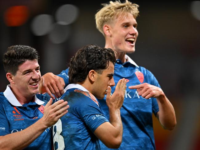 Jacob Brazete celebrates scoring a goal for Brisbane, but celebrations were premature. Picture: Albert Perez/Getty Images
