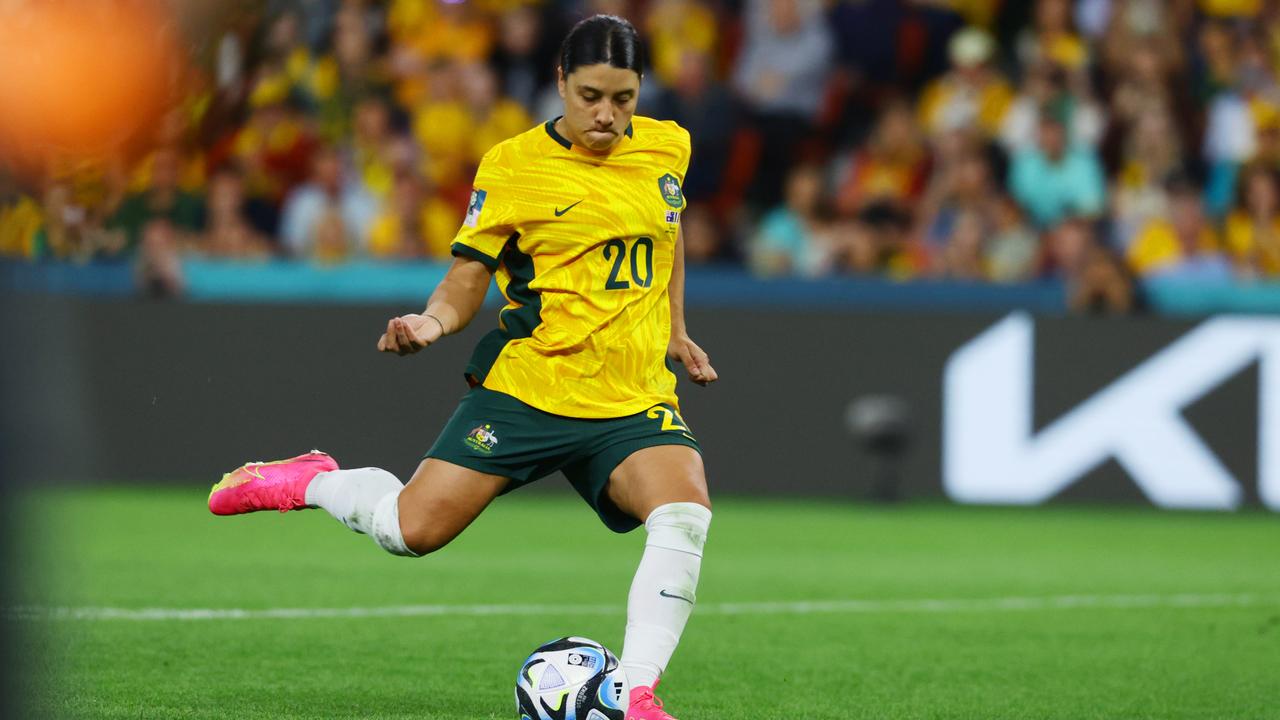 Sam Kerr takes her spot kick during the FIFA Women’s World Cup quarter-final match against France at Brisbane Stadium. Picture Lachie Millard