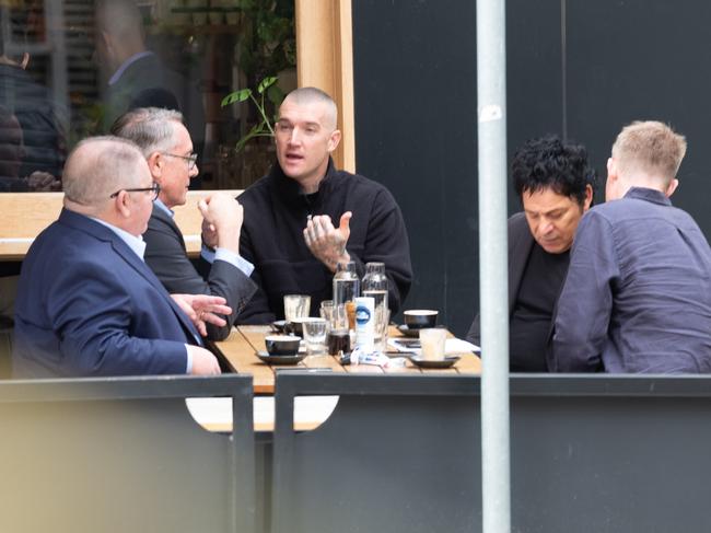 Foxtel boss Patrick Delany, Fox Sports managing director Steve Crawley, Dustin Martin, Fox Footy commentator Jack Riewoldt and Martin's manager Ralph Carr.