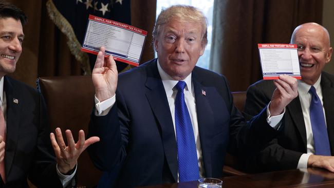 President Donald Trump holds an example of what a new tax form may look like during a meeting on tax policy with Republican lawmakers. (AP Photo/Evan Vucci)