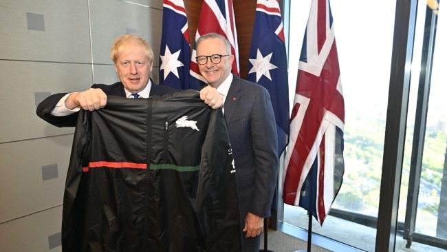 Prime Minister Anthony Albanese presented his UK counterpart Boris Johnson with a South Sydney Rabbitohs jacket. Picture: Supplied