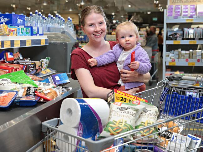 Jennifer Dowling with her daughter Eilis Dowling (1) at Ashfield Aldi. Picture: Adam Yip