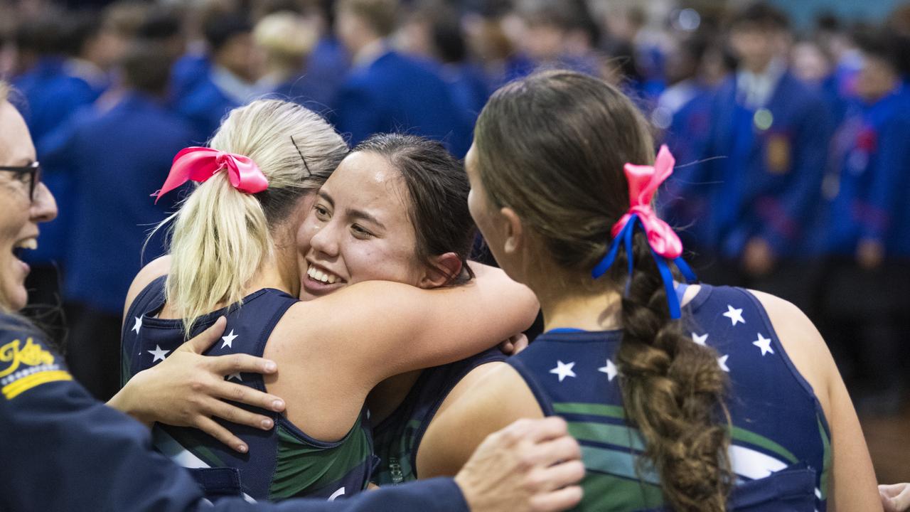 St Ursula's Senior A celebrate after defeating Downlands First VII to claim the Merici-Chevalier Cup in netball at Salo Centre, Friday, July 19, 2024. Picture: Kevin Farmer