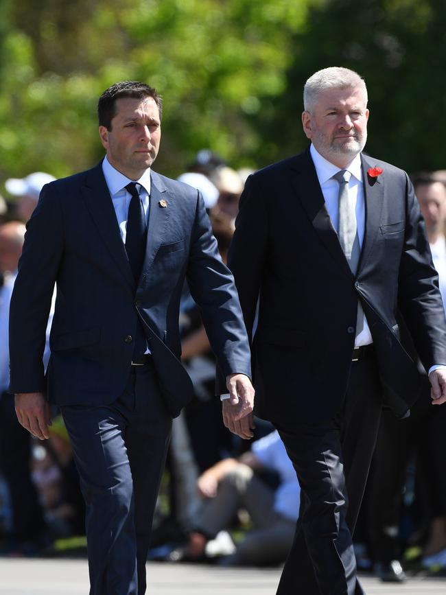 Opposition Leader Matthew Guy (left) arrives at the Remembrance Day service at the Shrine of Remembrance on Sunday. Picture: AAP/James Ross