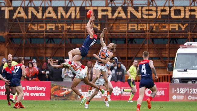 Jake Melksham leaps high at Traeger Park. Picture: Michael Willson/AFL Photos