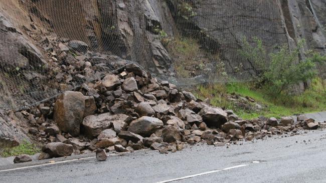 A rockfall on the Southern Outlet between Hobart and Kingston caused disruptions to traffic on Thursday, 17 June 2021.