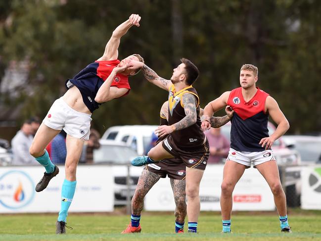 Josh Marchbank wins the tap over Lachlan Plant. Picture: Steve Tanner