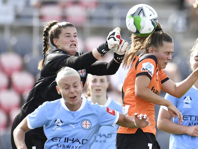 Teagan Micah (left) is remaining patient as she waits for another chance with the Matildas. Picture: Albert Perez/Getty Images